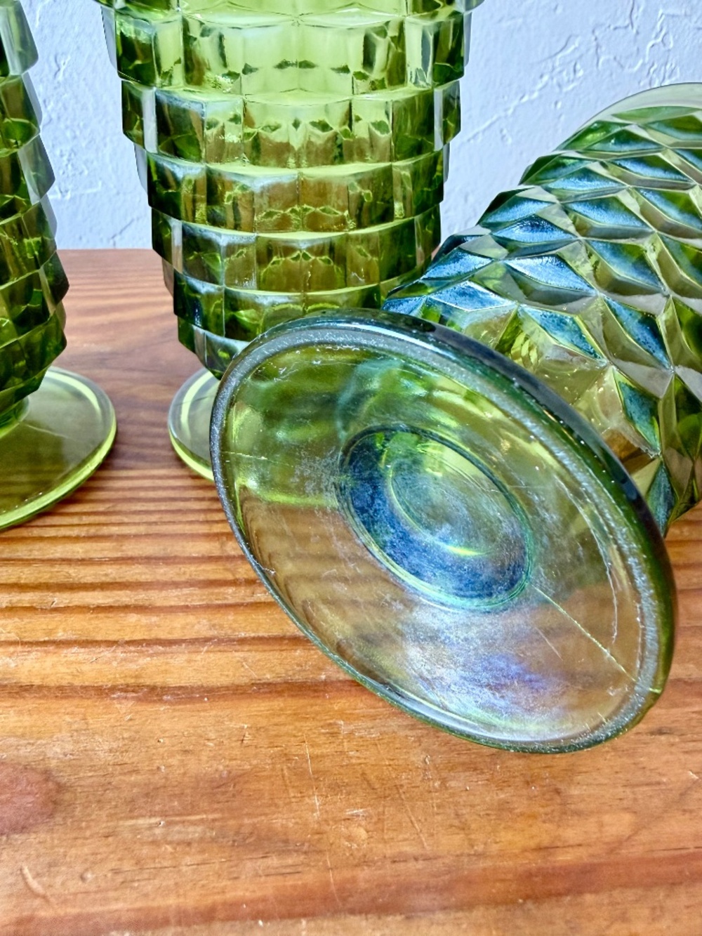 Indiana Glass Whitehall Cubist Olive Green Footed Tumblers Set of 4 - Picture 12 of 15